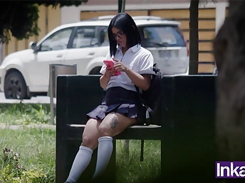 Immense-arsed Latina schoolgirl with tats boinked by stranger's building in Position